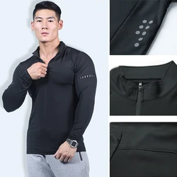 Quick Dry breathable Running Shirt Men Bodybuilding Sport T-shirt Long Sleeve Gym Fitness zipper stand collar Autumn winter