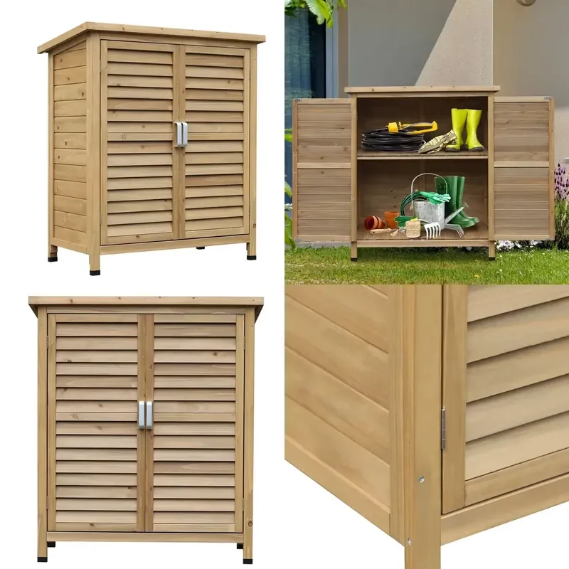 Wooden Garden Storage Shed 2 Door Unit Solid Fir Wood Garage Tool Organization Cabinet