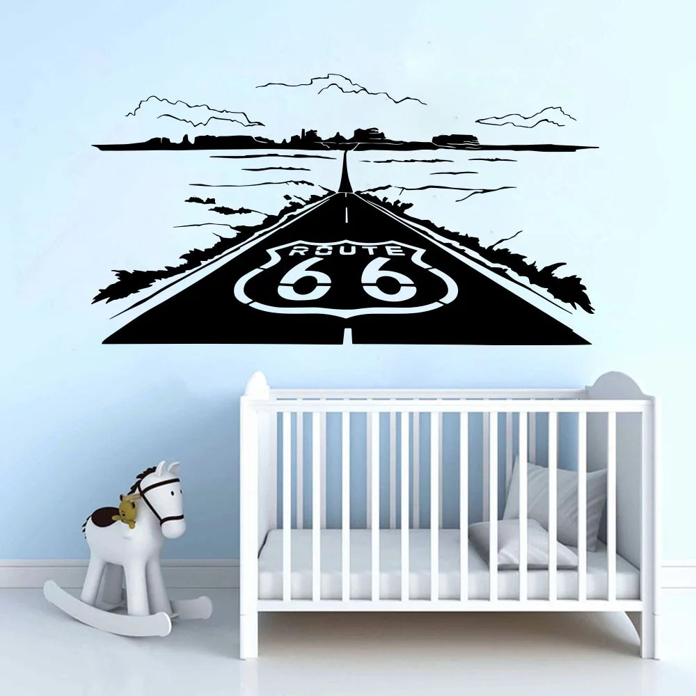 Large Route 66 Road Mountain Landscape Wall Sticker Bedroom Playroom Highway Travel Adventure Wall Decal  Decor