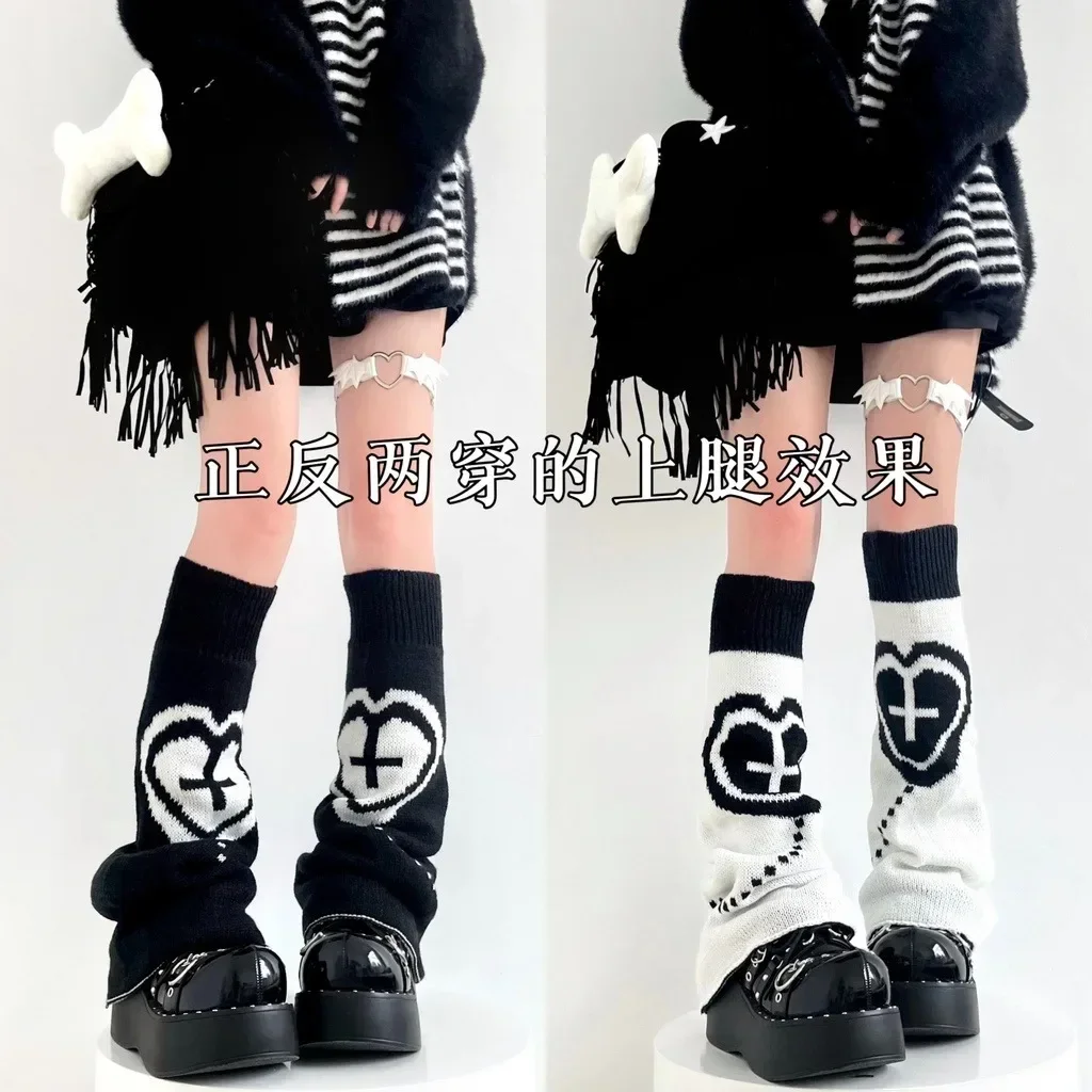 Y2K Punk Knitted Leg Warmers Star Gothic Cross Harajuku Women Heart Two Side Wear Loose Fit Leg Covers Sock JK Thigh High Lolita