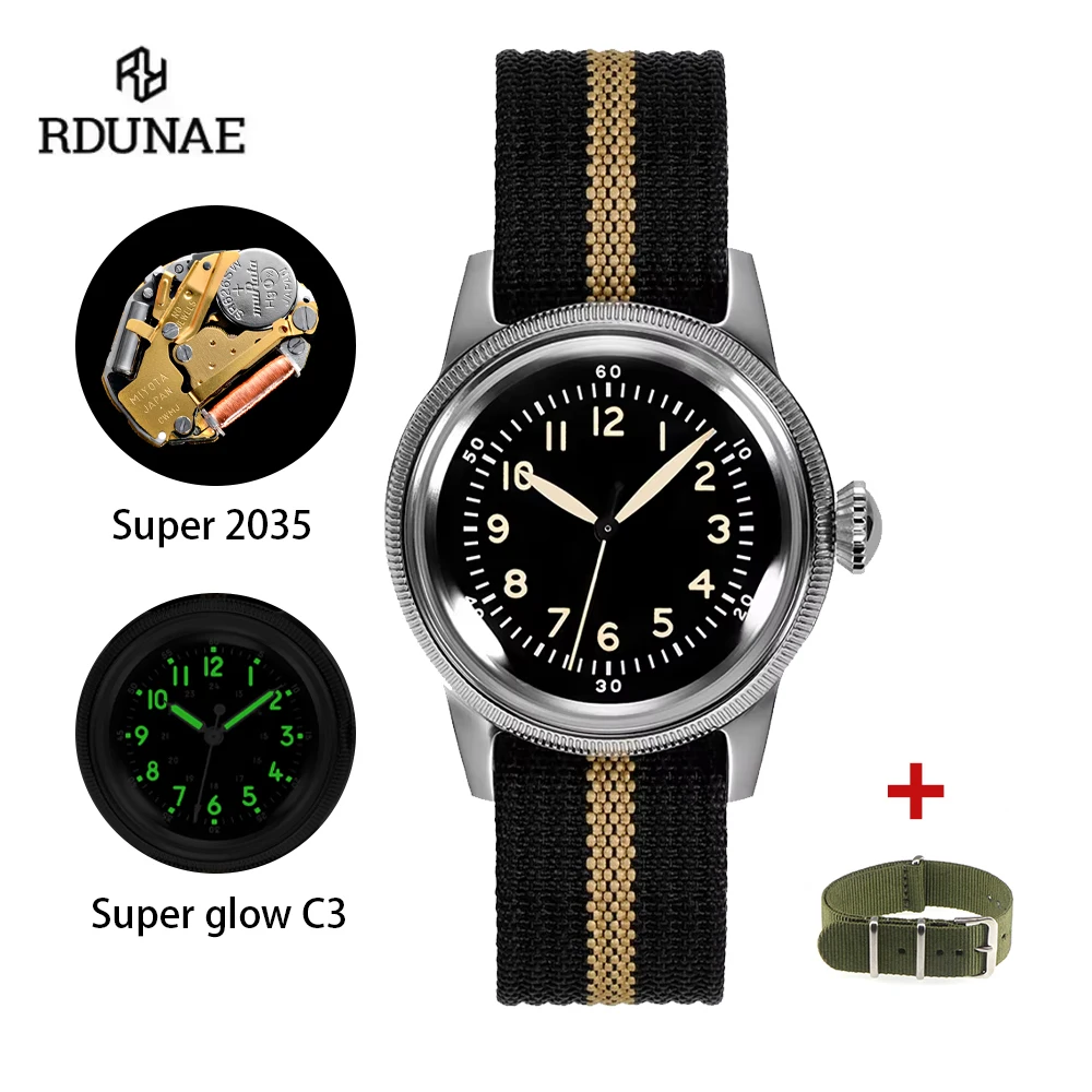 RDUNAE 2025 New RA07 36mm Military Pilot Men's Quartz Watch K1 Mineral Glass Stainless Steel Waterproof 5Bar Luminous C3 Reloj H