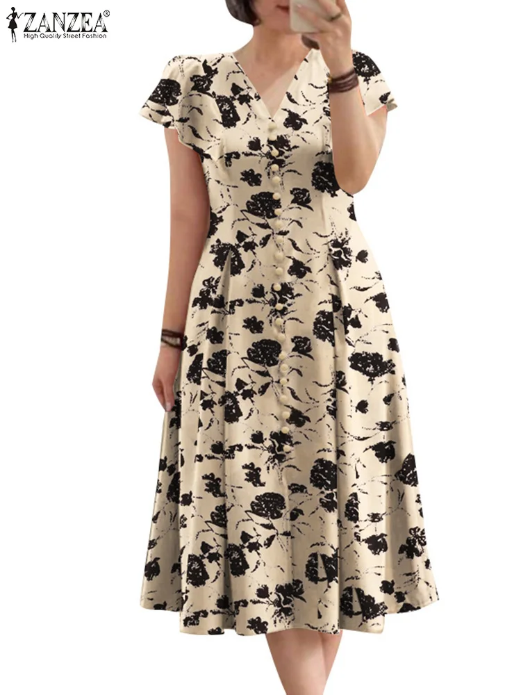 ZANZEA-Vestido Midi Floral Estampado Feminino, Manga Ruffle, Decote V, Vestido de Festa, Casual, Verão, Cintura Cinch, Linha A, Moda, 2022