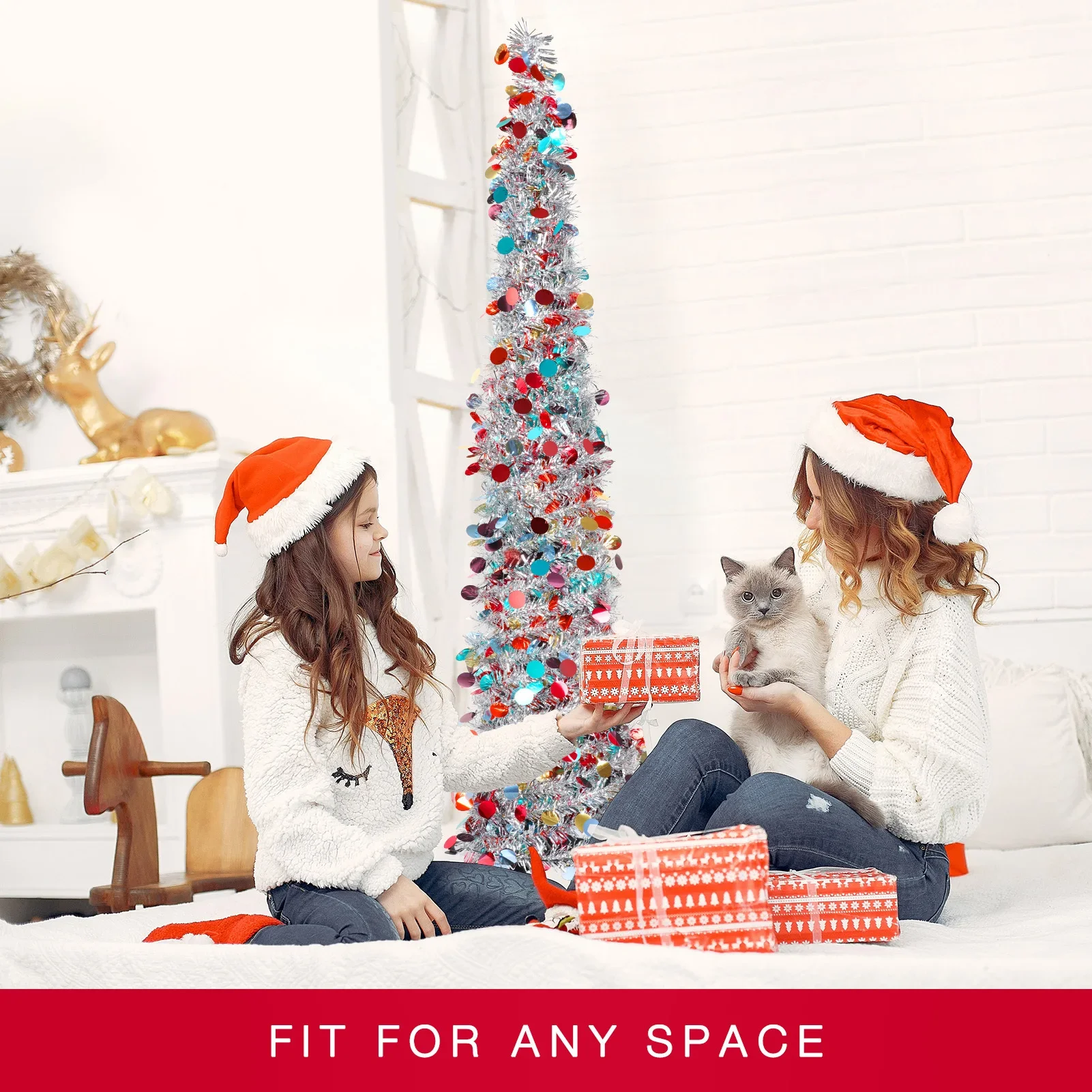 5Ft Foldable Pencil Christmas Tree, Easy To Assemble and Store, Pop-Up Christmas Tree Artificial Ultra-Thin Sequin Christmas and Halloween Decoration for Autumn Home Decoration Fireplace Home Porch Holiday Christmas, Winter Party Decoration