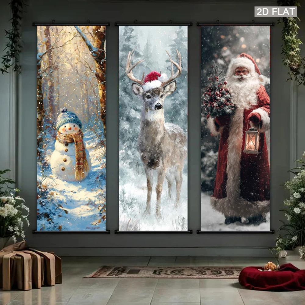 VIKAMA Vintage Christmas Snowman Wall Scroll Tapestry, Reindeer and Santa Claus Art, Holiday Wall Hanging, Xmas Home Room Decor