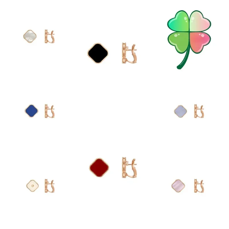 925 Silver High-Quality Clover Rose Gold Plating Earrings Fashion Flower Shell Enamel Earrings Man and Women Jewelry Gift