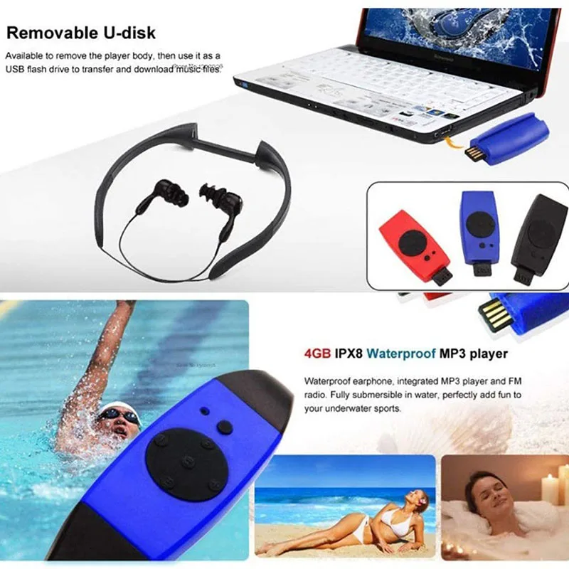 New MP3 Player Swimming Waterproof Radio FM Diving Swimming Surfing Underwater Sports Music Players Suitable 8G Black
