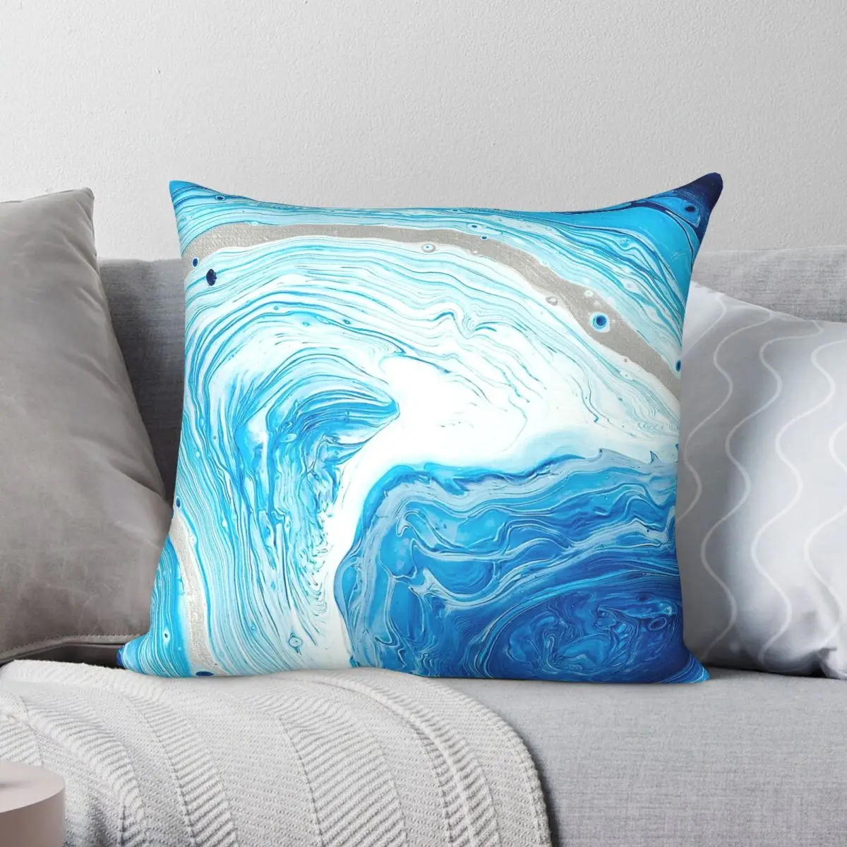 Fluid Blue White Silver Square Pillowcase Polyester Linen Velvet Creative Zip Decorative Pillow Case Bed Cushion Cover 18