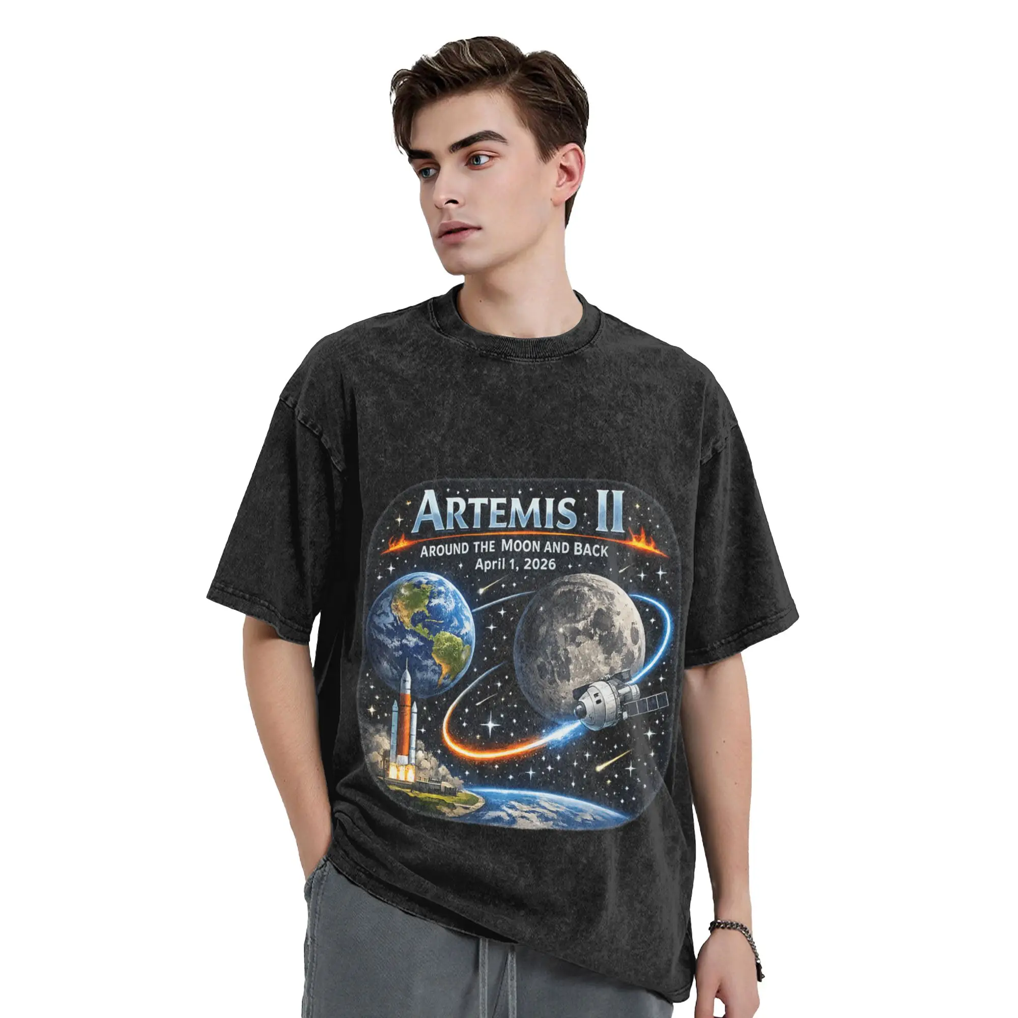 Artemis II Launch to The Moon 2026  T Shirt Summer  Vintage T-Shirts Casual Fashion Tee Shirt For Men Short Sleeve Design Tees
