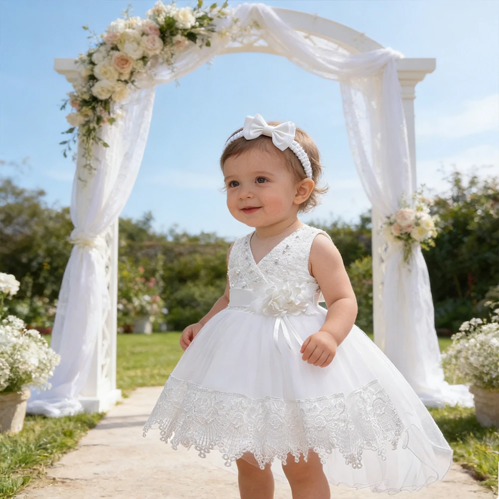 1st Birthday White Baptismal Costume for Baby Girls Party Dresses Weddings Flower Child Dress Toddler Lace Tulle Evening Gown