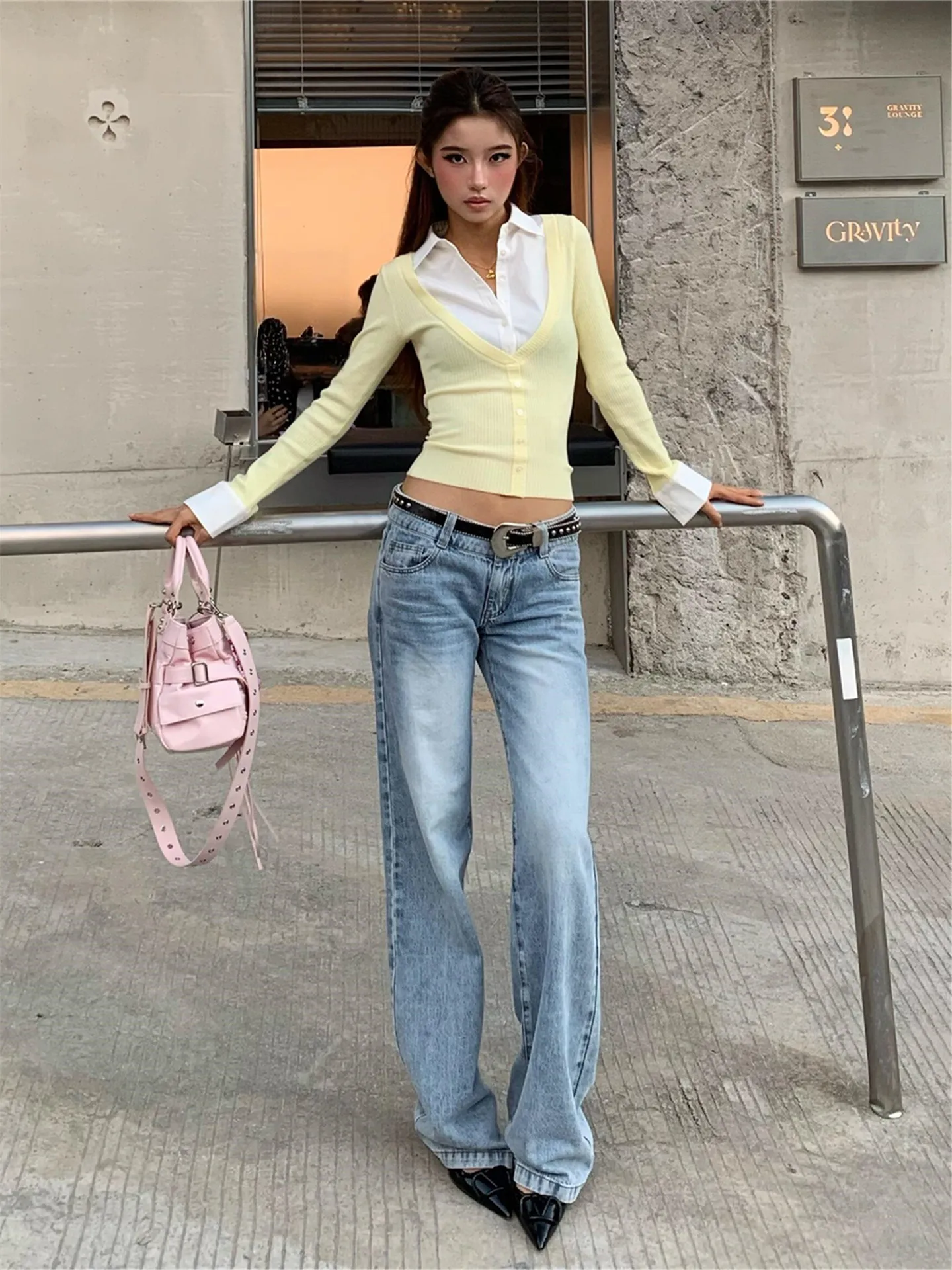 

Американские джинсы свободного кроя с прямыми штанинами, синие, женские, осенние, повседневные, с низкой посадкой, широкие, в пол