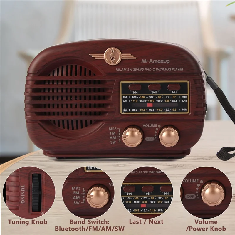 【EN stock】Transistor AM FM Bluetooth Radio Retro Portátil con pilas USB Reproductor de música Marrón
