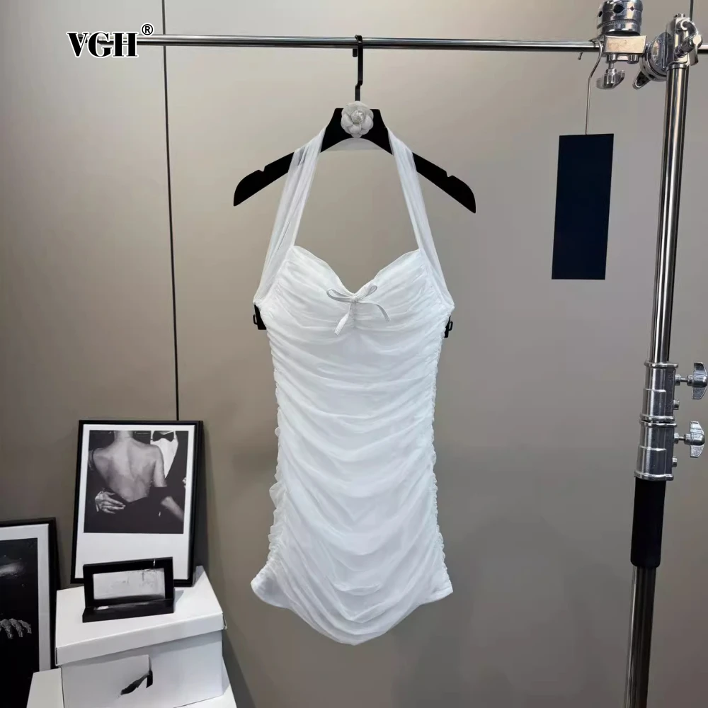 

VGH Solid Patchwork Bowknot Halter Vest for Women Sleeveless Patchwork Mesh Folds Slimming French Sexy Style Tops Female Summer