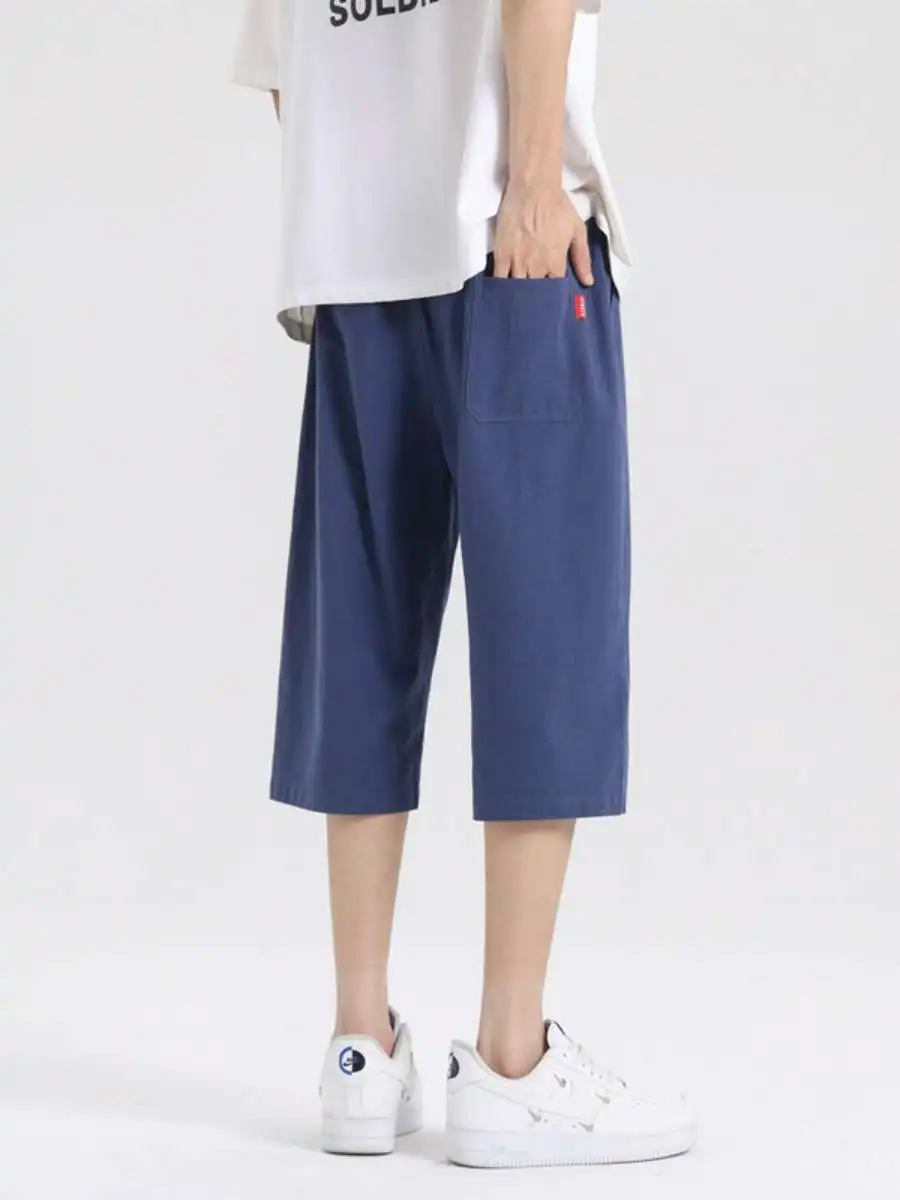 New Chinese Sle Cotton Linen Men's Summer orts Pure Color Casual Pants Seven-Five Length Waist High Thiened Fce