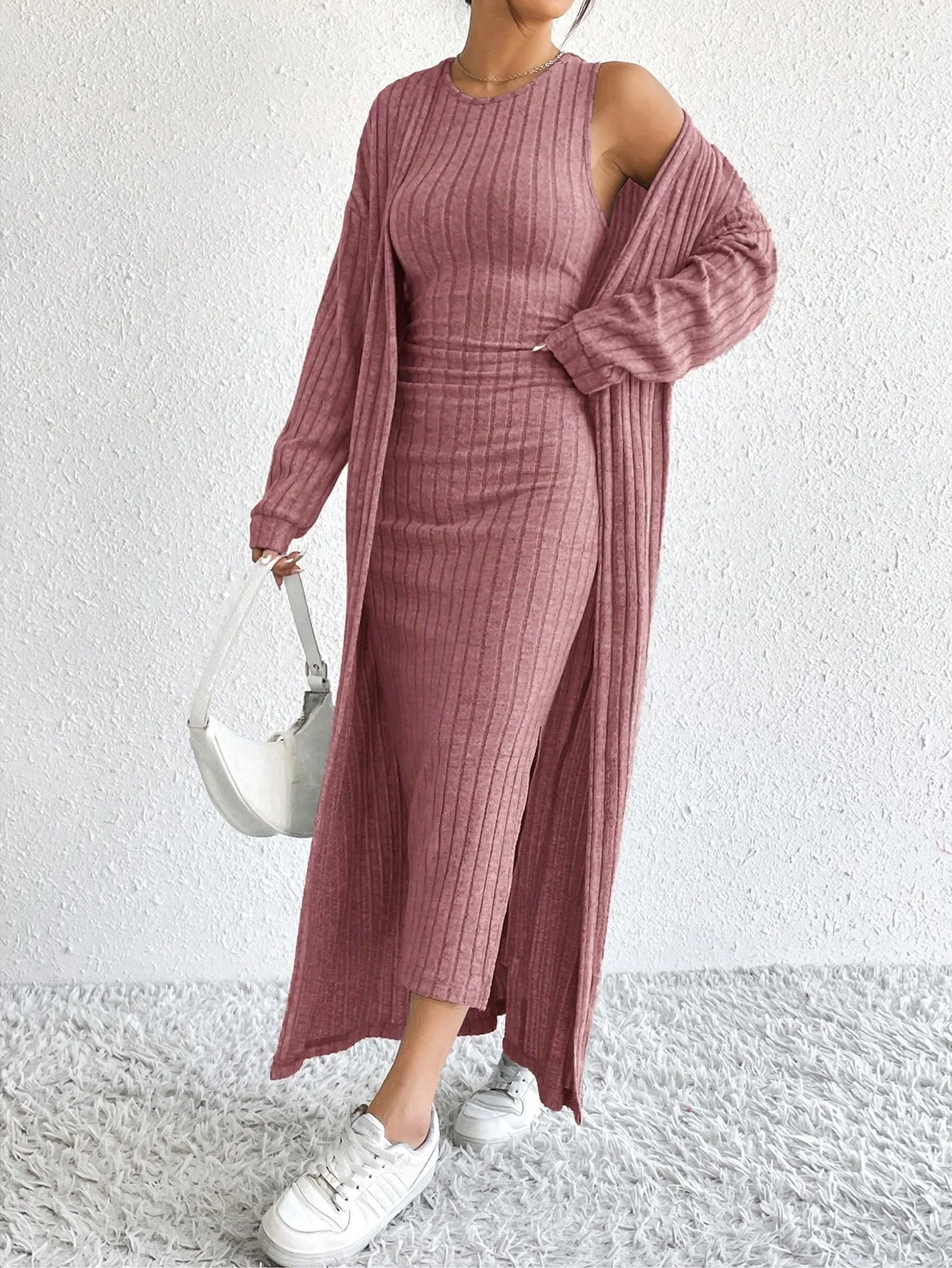 Casual Two-piece Spring Summer Fashion Solid Color Long-sleeved Loose Cardigan Extra-long Coat Slim Sleeveless Dress Home Suit