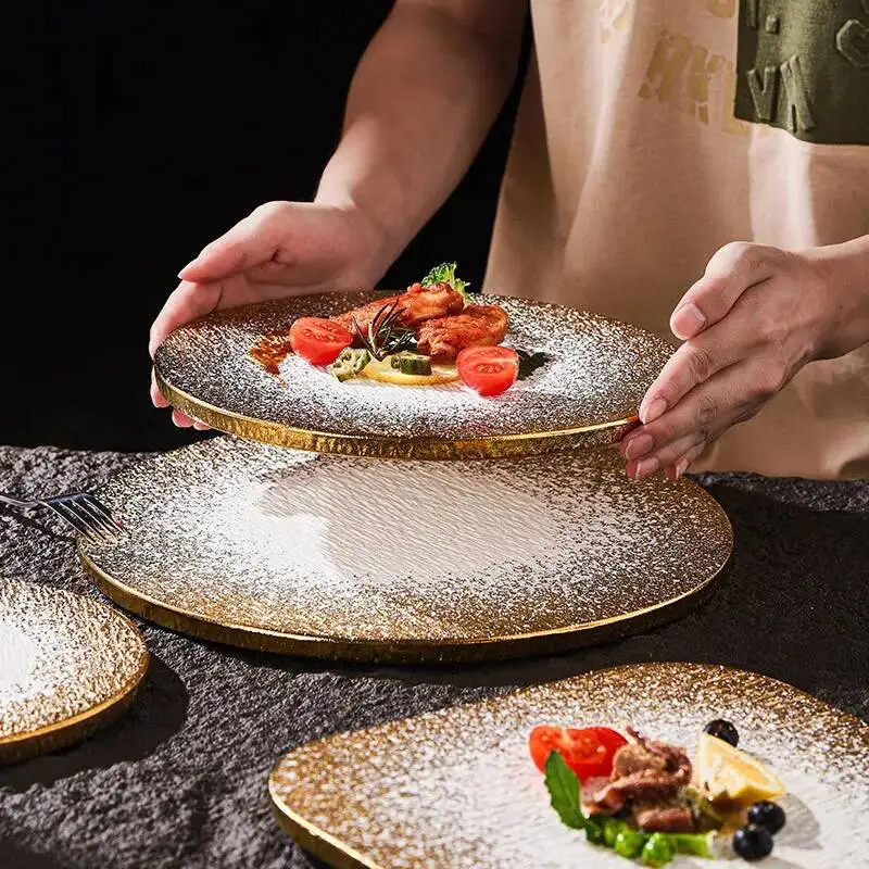 Golden Frosted Western-style Square Round Ceramic Flat Plate Kitchen Supplies Table Main Course Decorative Plate Cake Tray