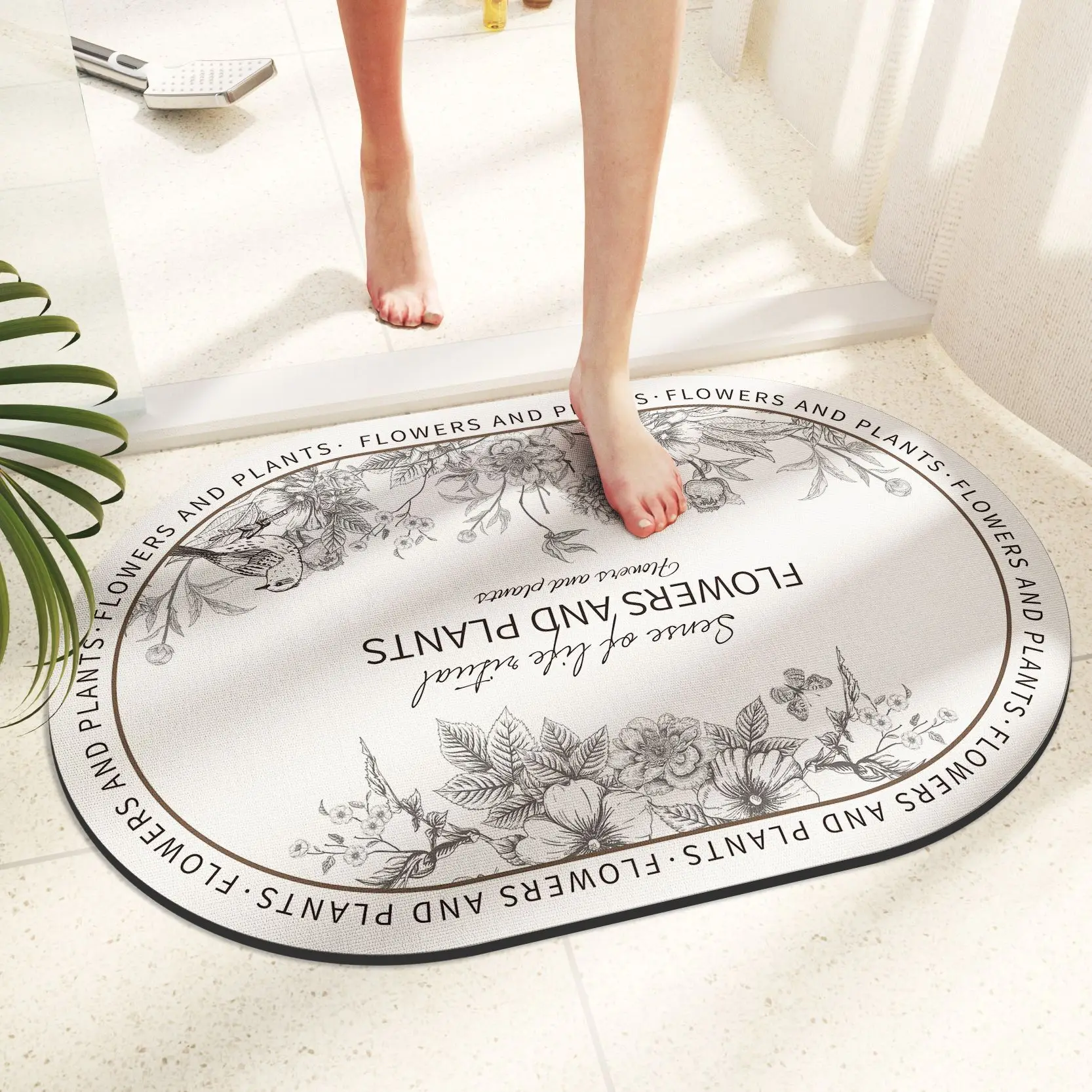 Absorbent Diatomaceous Earth Bath Mats Bouquet Patern Oval Quick Dry Washable Bathroom Rugs Rubber Non Slip Backed Semicircle