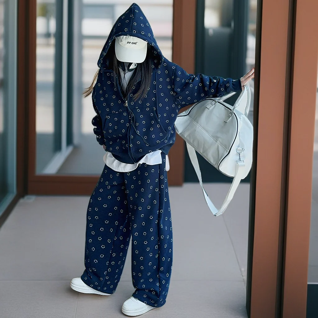 

Teen Children Costumes Navy Printed School Girls Clothing Set Autumn Casual Sport Hooded Outerwear Sweatpants 2pcs Kids Outfits