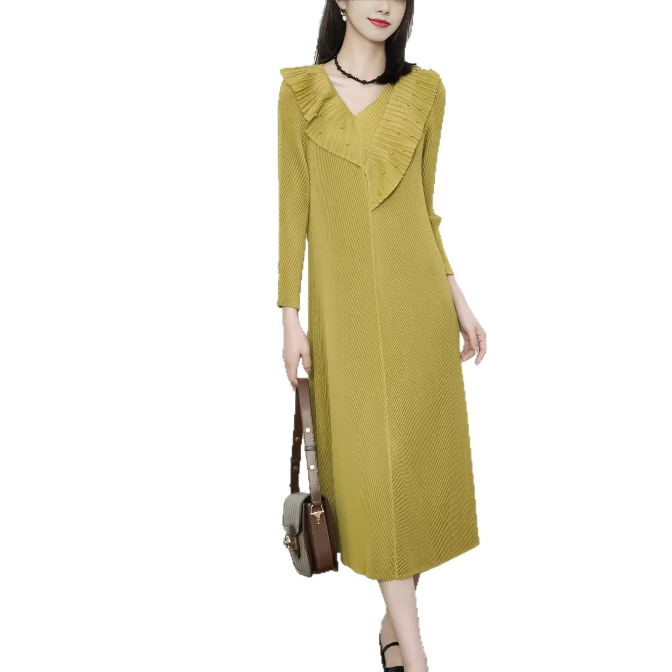 فستان مياكي المطوي متوسط الطول، ربيع 2026 الجديد، فستان نسائي مطوي بتصميم راقٍ وأنيق