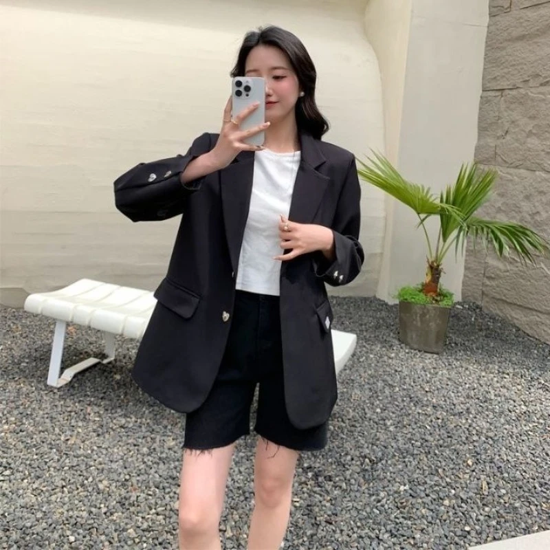 

Сплошной цвет женский пиджак с пряжкой в форме сердца весна-осень корейский стиль подходит однобортный шикарный универсальный маленький пиджак премиум-класса