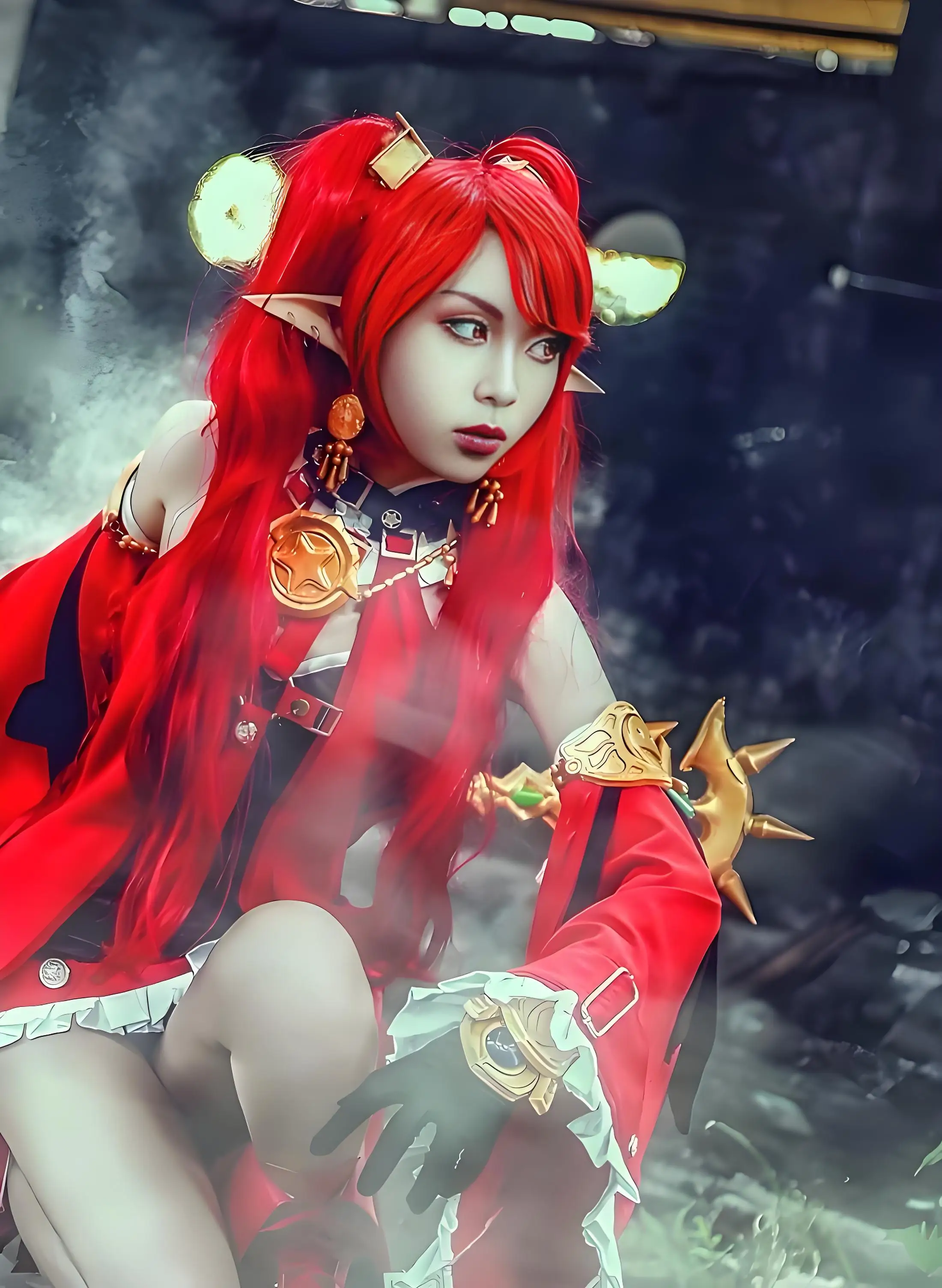 شعر مستعار DNAF Elemental Master التنكري - شعر أحمر مجعد مع Ahoge