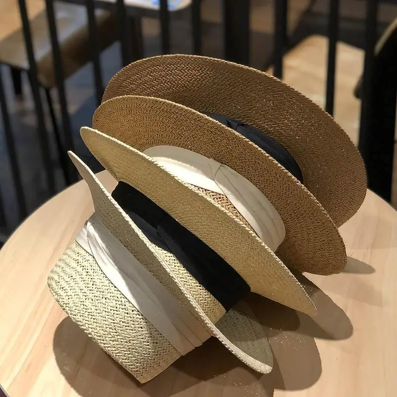 Straw bowler hat female sunshade sunscreen spring and summer seaside holiday England retro flat top straw hat fashionable