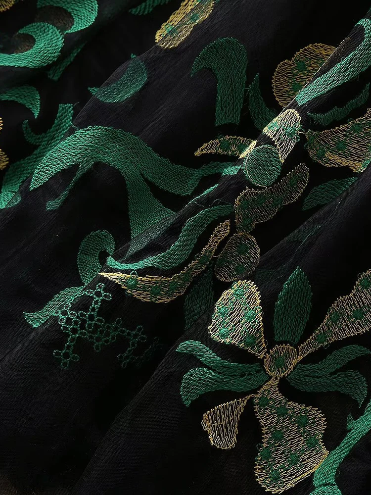 AELESEEN Vintage Long Party Dress Women Slash Neck Lantern Sleeve High Street Black Green Flower Embroidery Elegant Party