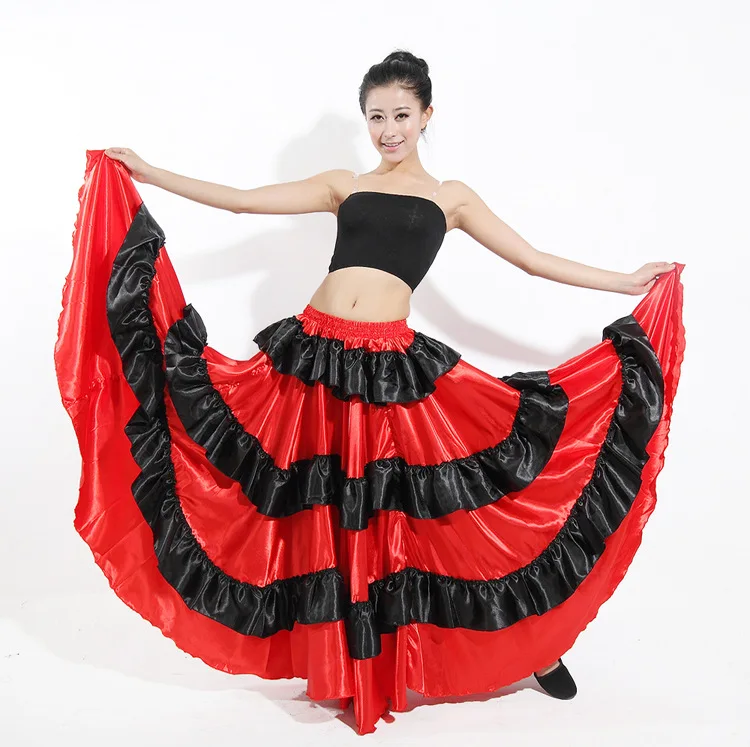 Girls Dance Costumes Red Black Satin Solid Spanish Flamenco Dress Lace Up Ballroom Dance Performance Party Female Long Skirt