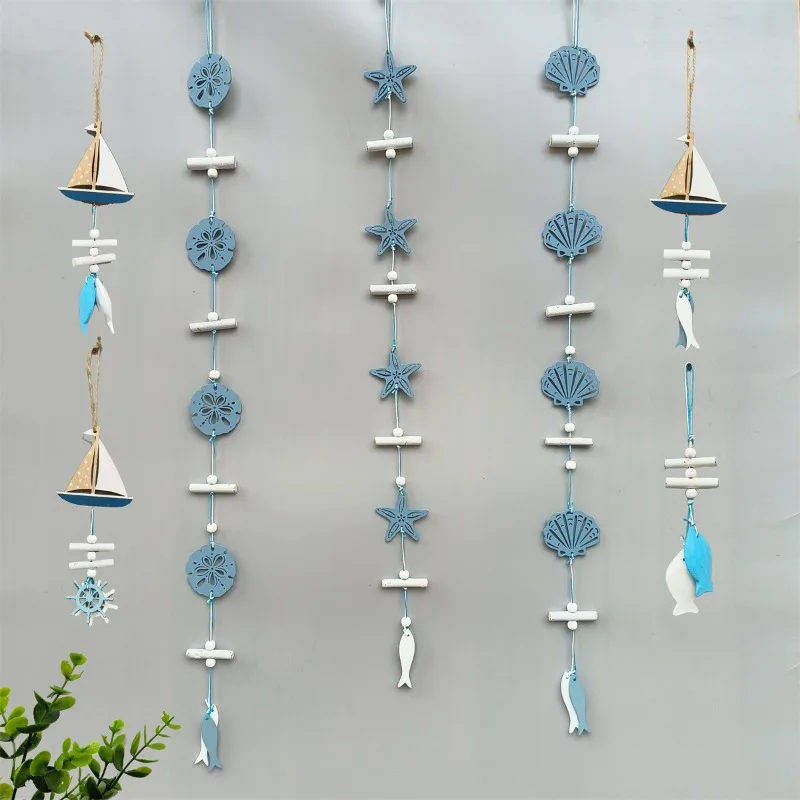 1Pc Ocean Wind Wooden Sailboat Starfish Scallop Small Fish String Creative Pendant Home Decoration Wall Hanging