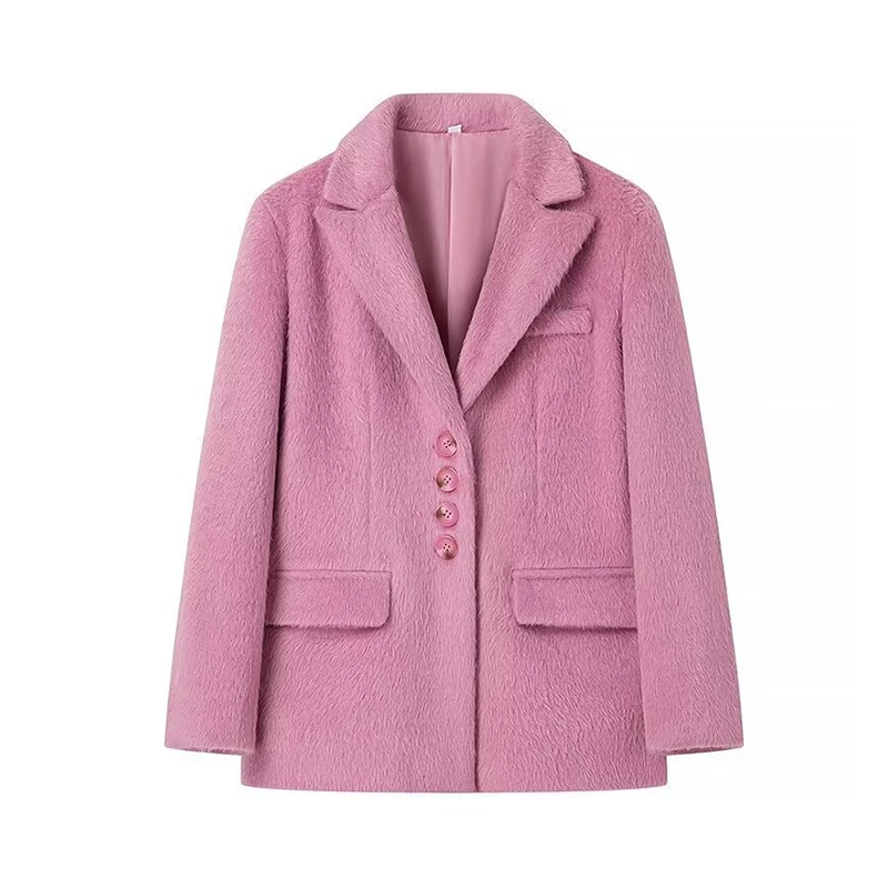 Elegante blazer de lã rosa feminino, casaco bolsos lapela, casacos soltos de manga longa de peito único, casacos doces femininos, moda