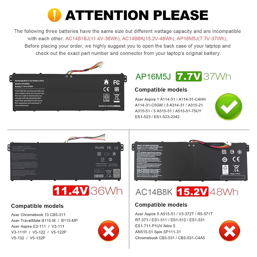 AP16M5J Laptop Battery for Acer A314-31 A314-32 A314-41 A315-21 A315-21G A315-22 A315-31 A315-32 A315-33 A315-41 A114-31 A114-32