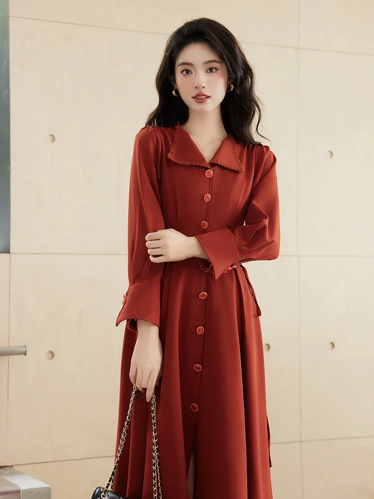 Vestido Rojo de manga larga para Mujer, traje Retro con cuello de solapa, elegante, a la moda, estilo Hepburn francés, temperamento, otoño