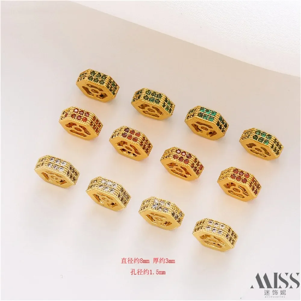 

18K Gold Bag Color Setting Double-row Red White Green Zircon Hexagonal Spacer DIY Handmade Bracelet Necklace Jewelry Accessories