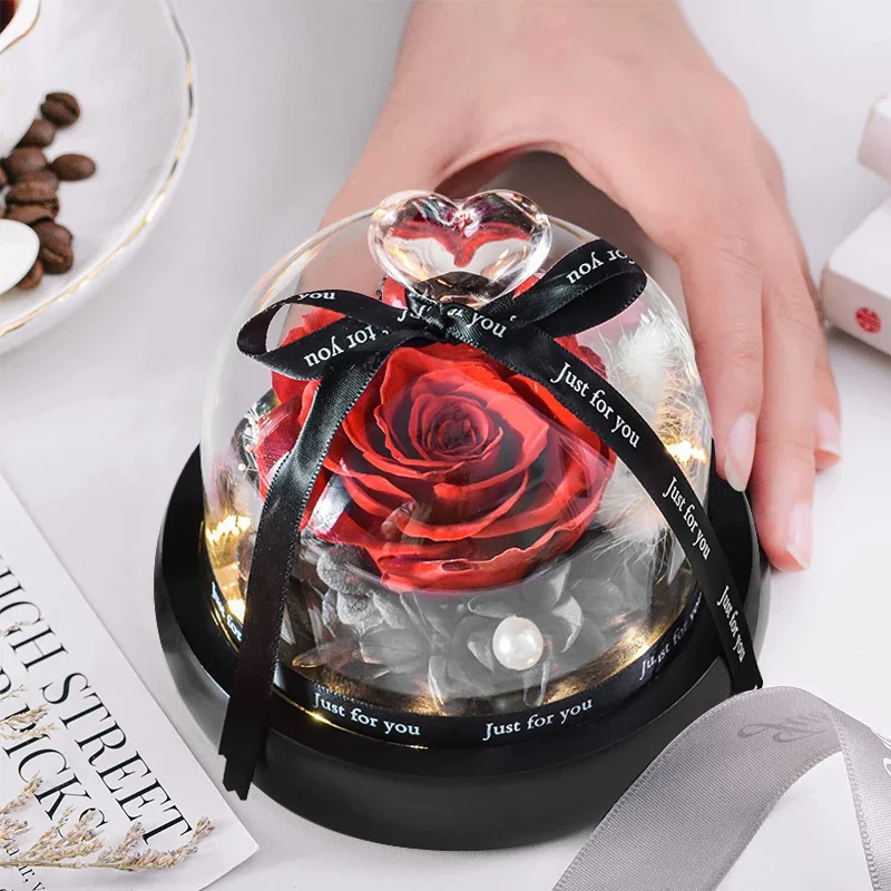 Gifts for Girls Eternal Flowers in Heart Glass Dome with Led Light Forever Preserved Rose Wedding Gift for Mom Women Girlfriend