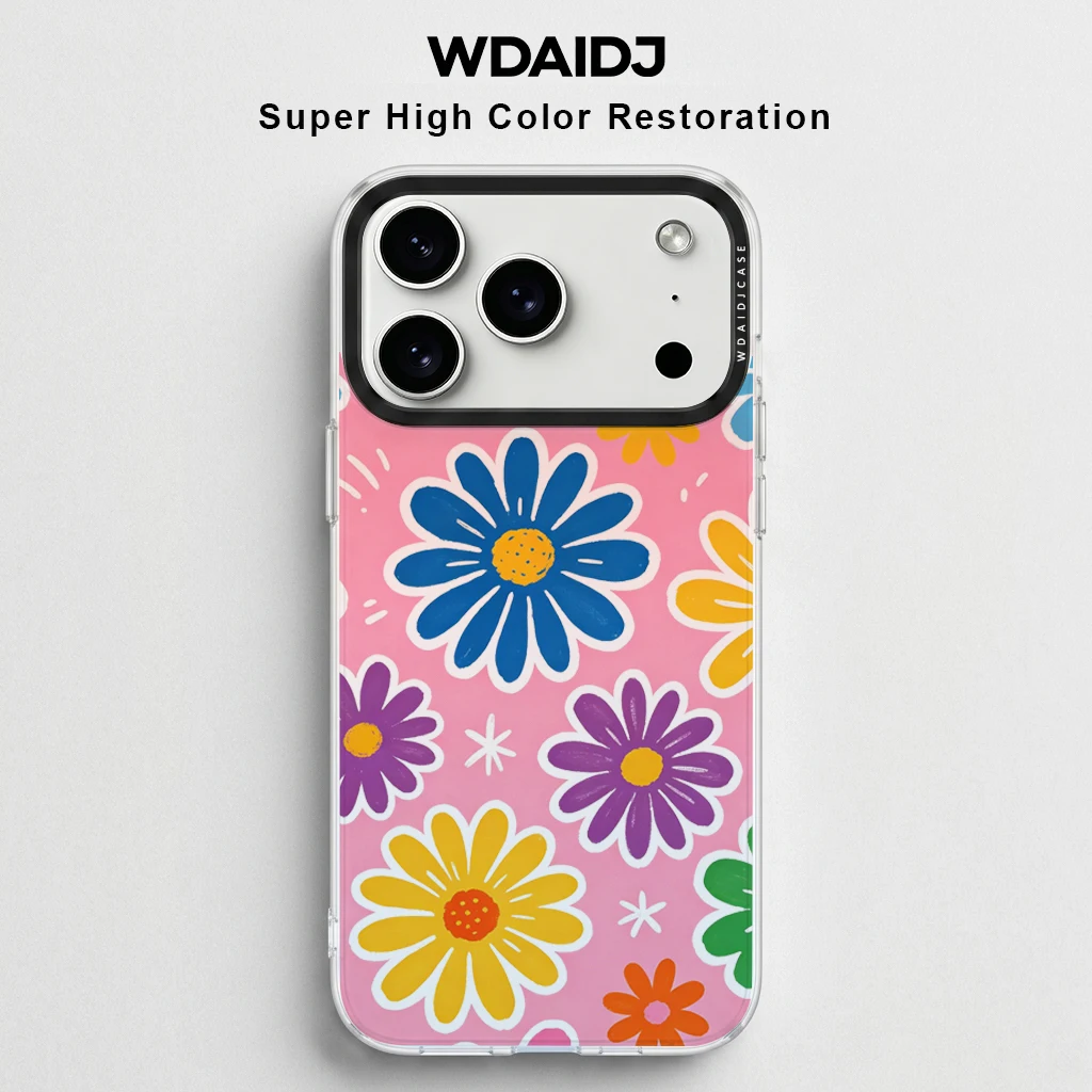 

Colorful Retro Daisy Print On Pink Background Phone Case For iPhone 17 16 15 14 13 Y2K Floral Anti Drop Clear Cover