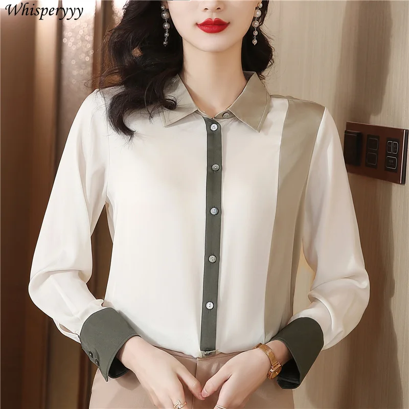 Three Color Patchwork Shirt Women's Fashion Temperament Tops Single Breasted Lapel Blouse for Ladies Long Sleeves Chemise Femme
