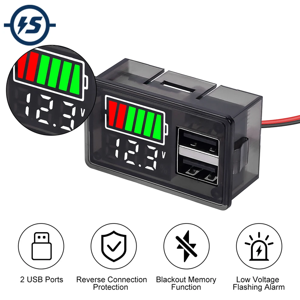 Battery Capacity Tester Monitor Voltmeter with 2 USB Ports Power-Off Memory Support Lead-Acid Li Battery for Golf Cart RV Car