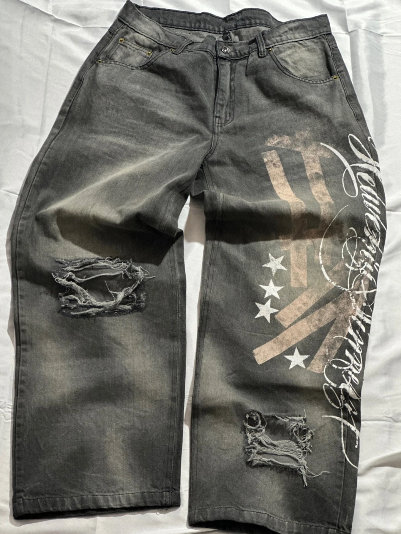 

Summer new trend straight leg loose jeans y2k distressed printed casual cropped pants