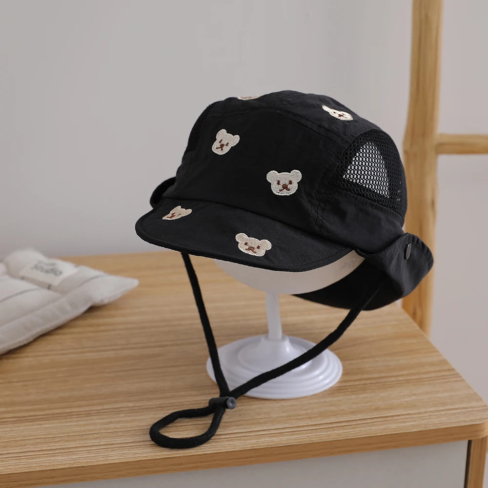 Child's Trendy and Versatile Full-Embroidered Little Bear Double-Sided Breathable Mesh Fringed Cap-Style Fisherman Hat view 4