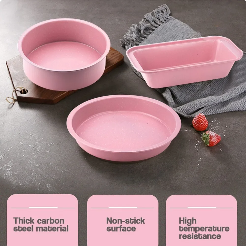 Pink Non-Stick Carbon Steel Baking Pan Set Baking Oven Cake Mold Round Square Rectangle Pizza Toast Live Bottom Kitchen Mould