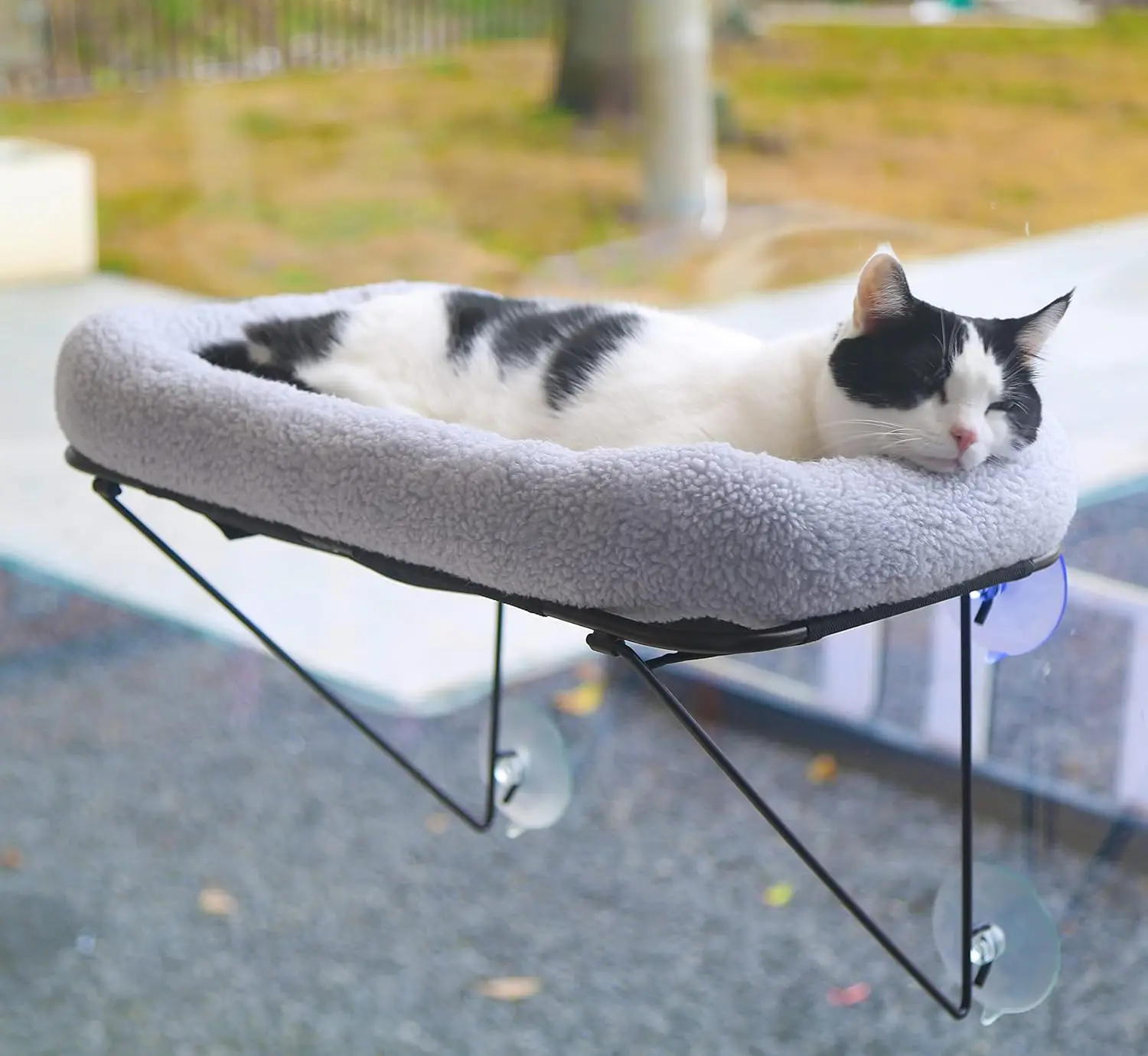 

Metal Cat Window Perch with Warm Bed for Large Cats - Sunbathing & Napping Hammock in Grey