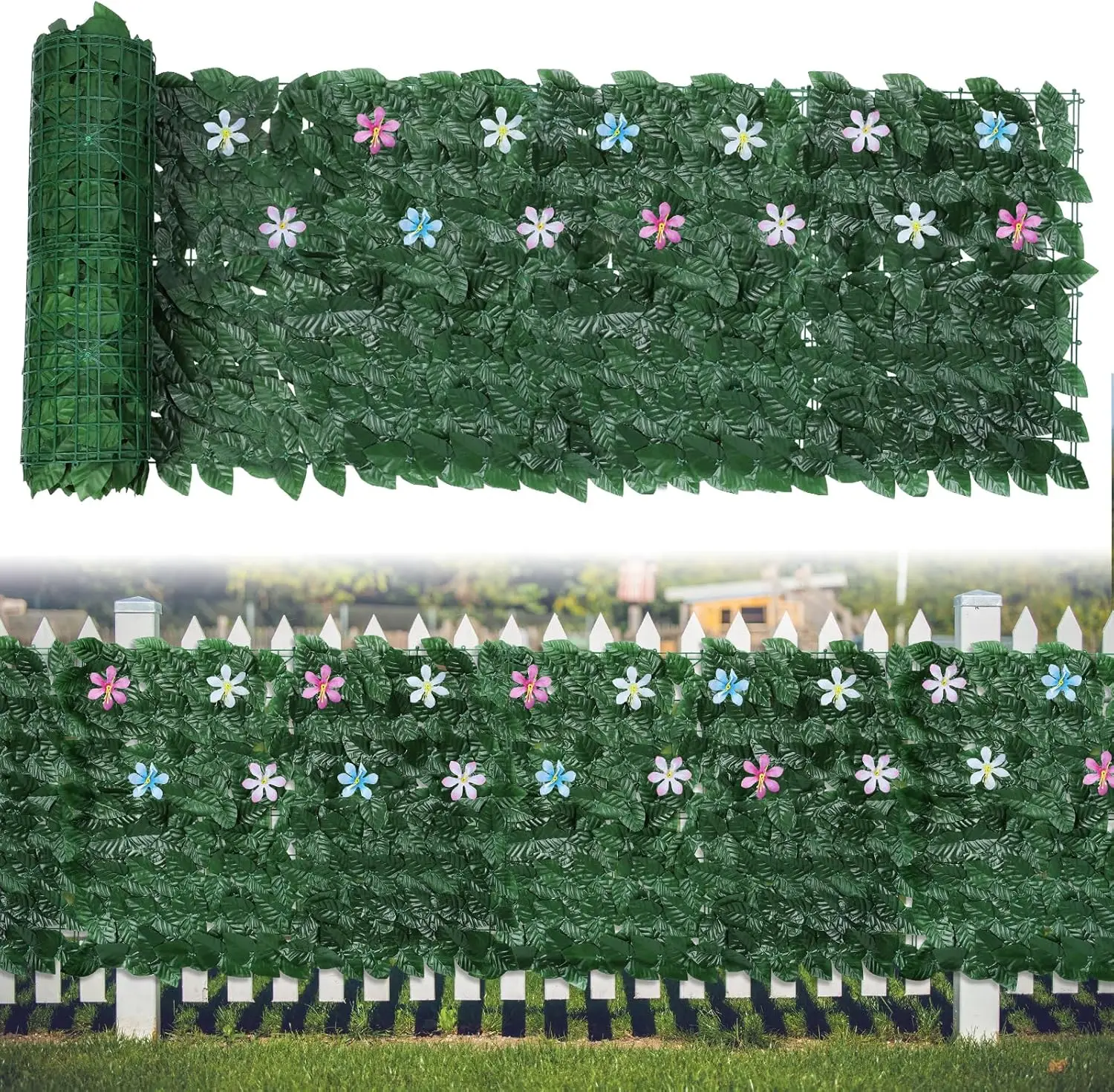 Artificial Ivy Flower Privacy Fence Screen, Green Background Wall Indoor and Outdoor Garden Fence Decoration