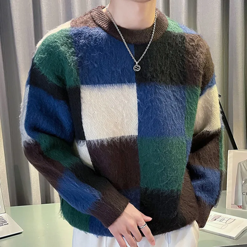 Plaid Contrasting Color Stitching Print Knitted Sweater Men Pull Homme O-Neck Pullover Korean Sweater Color Fall Winter Sweater