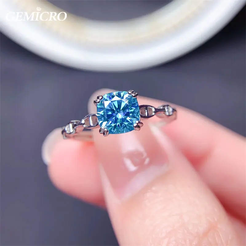 

Real Cushion 1Ct Sea Blue Moissanite Ring for Women Wedding Engagement Party Stunning Fine Jewelry Gift with Sterling 925 Silver