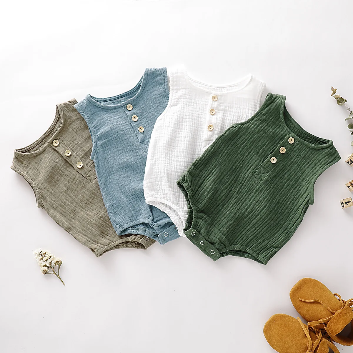 INS New Children's Jumpsuit Cotton and Linen Solid Color Newborn Crawler Unisex Bodysuit Baby Diaper Cover