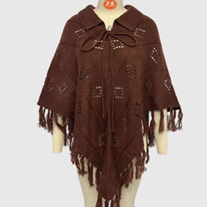 

2025 New Winter Women's Knitted Shawl Sweater Tassel Trim Sexy Cut-Out Details & Long Design Stylish Outerwear for Outfits