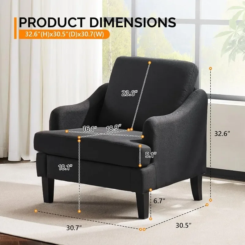 VINGLI Linen Fabric Accent Chairs Set of 2, Black Modern Upholstered Armchair, Comfy Sofa Chair Living Room Bedroom Furniture