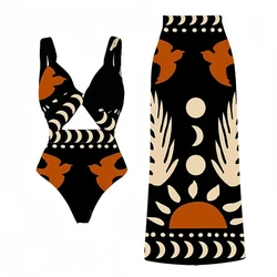 Printed One Piece Swimsuit Women Bikini with Beach Set New One Shoulder High Waist Split Swimwear Brazilian Biquini Bathing Suit