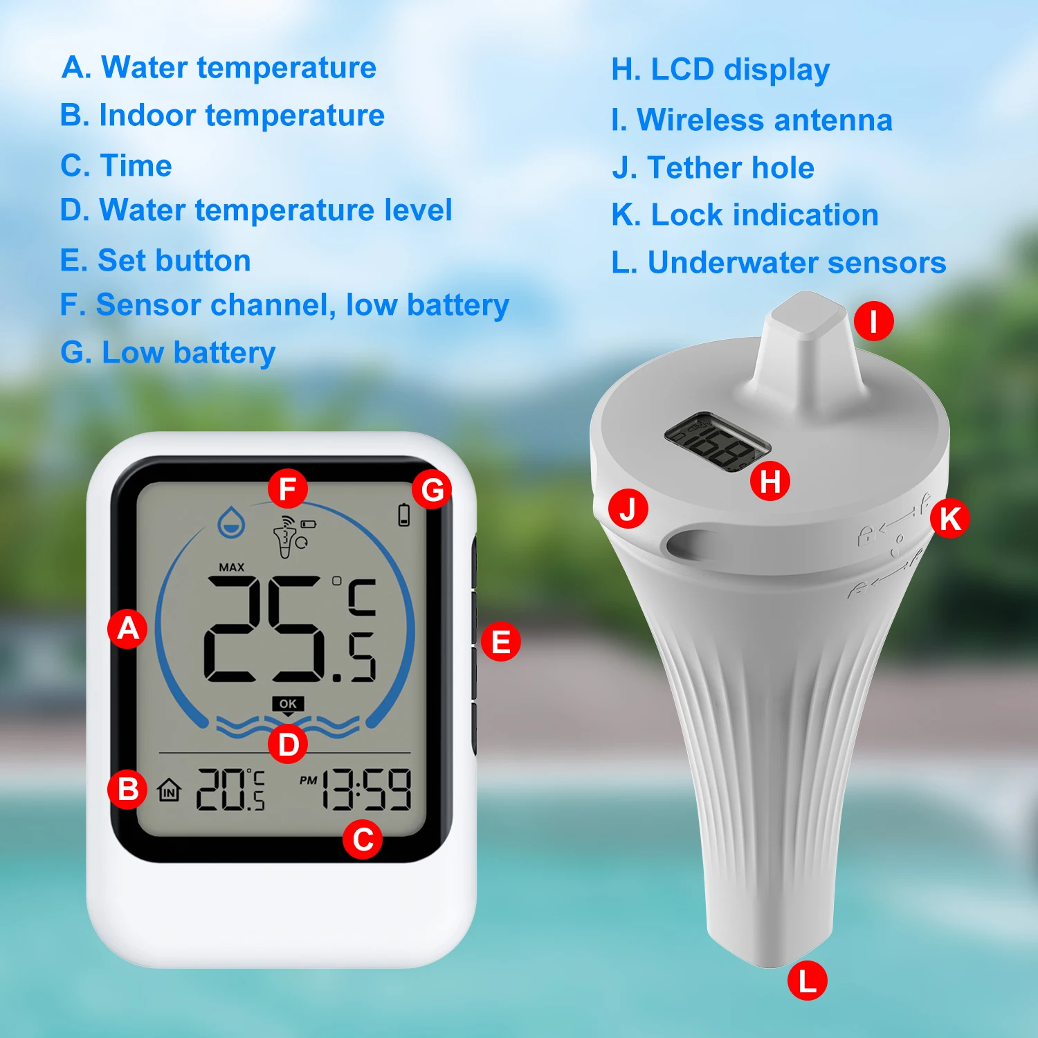 Wireless Digital LCD Pool Thermometer Clock Floating Swimming Pond Bathtub Aquarium Tank Water Indoor Temperature Monitor Record