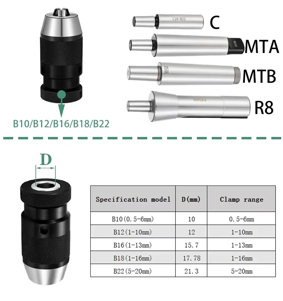 MT2 MT3 MT4 MT5 R8 C10 C12 C16 C20 B10 B12 B16 B18 B22 Morse Drill Chuck Lathe CNC drill machine self-tightening drill chuck