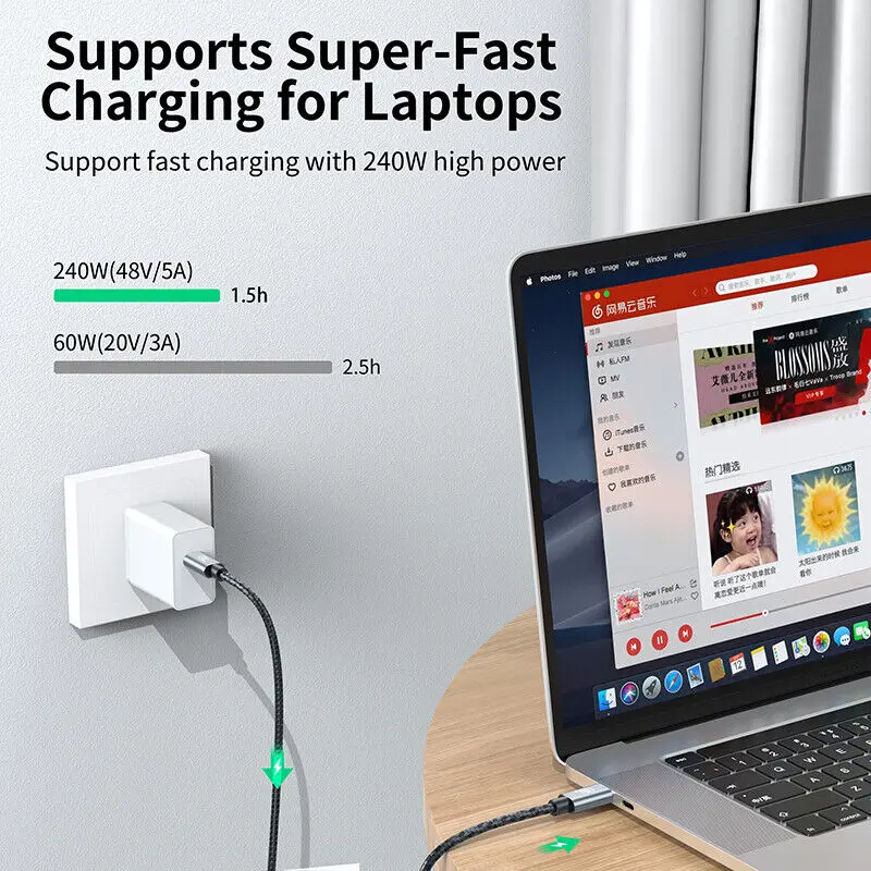 USB4 Cable 240W Fast Charging 40Gbps Data Transfer Thunderbolt 4 Compatible 5K 60Hz Video Output for MacBook Pro Laptop